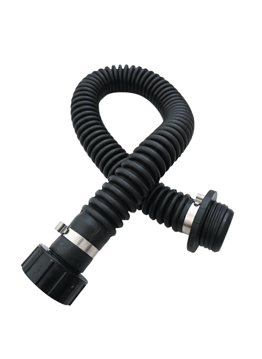 40mm NATO PAPR hose connector close-up - male and female ends visible at angle, compatible with Israeli CBRN respirator systems 