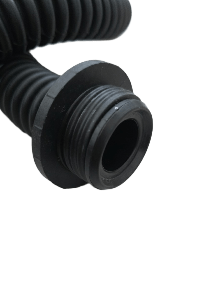 40mm NATO hose male thread close-up - alternate angle, EN 148-1 compatible for gas masks and PAPR blowers
