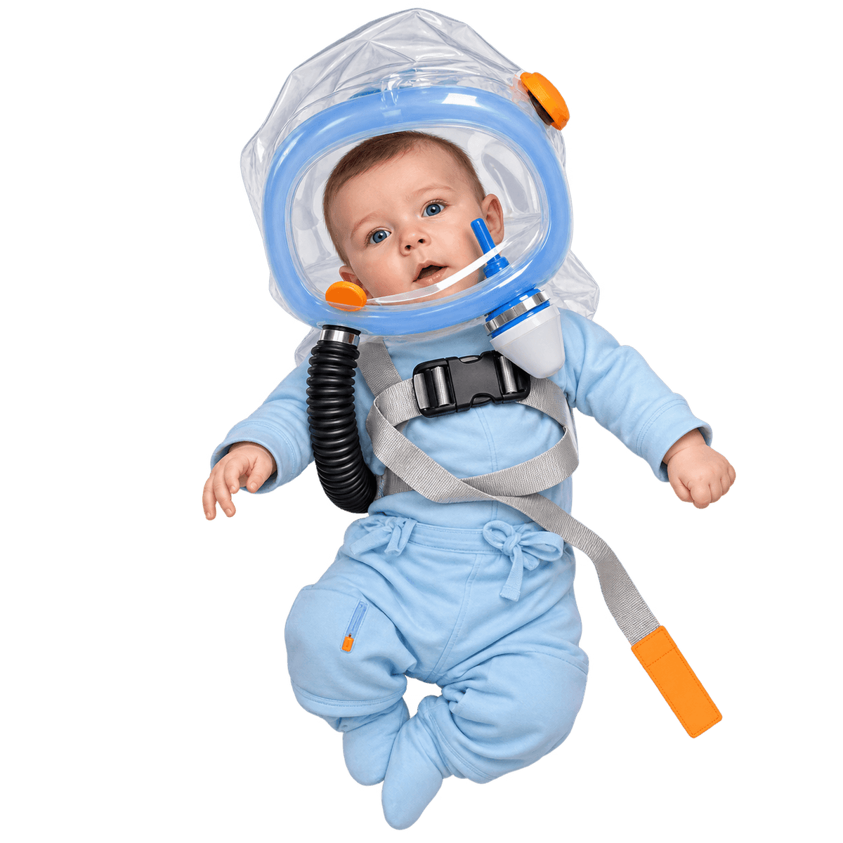 Infant wearing a transparent hood with hose and carry harness