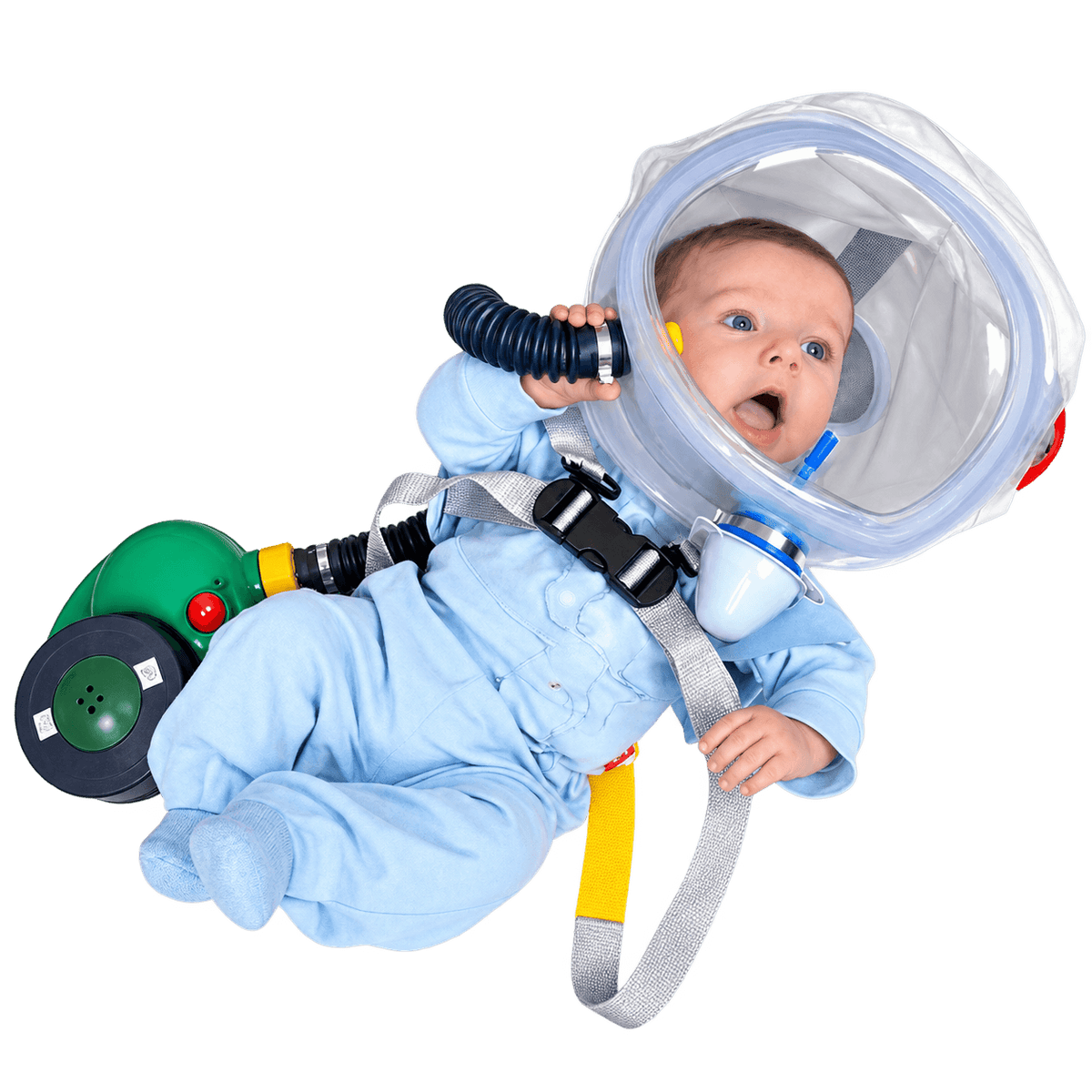 Infant wearing a hood with connected blower and carry harness