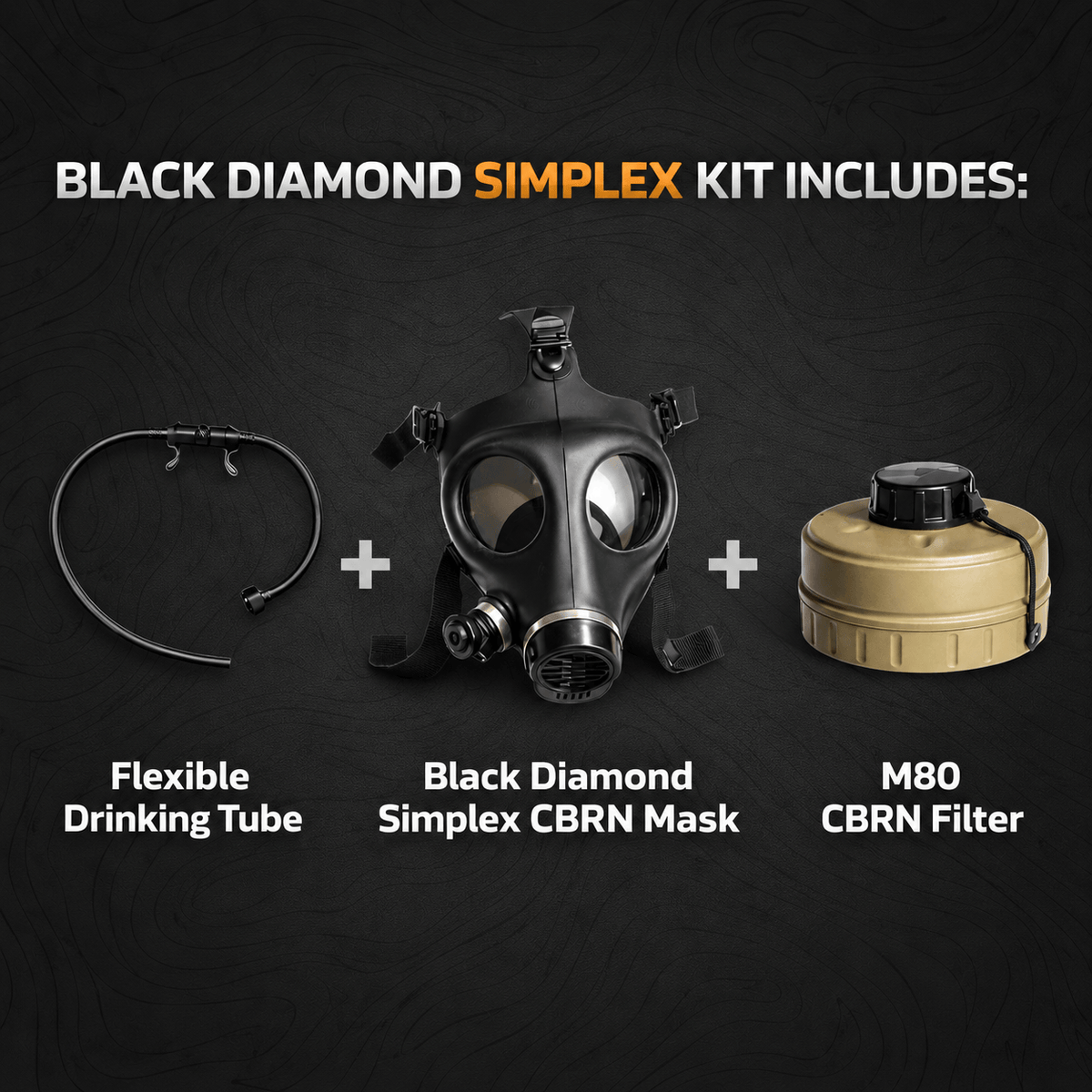 Black Diamond Simplex kit components displayed on a dark textured background: a black gas mask at center, a tan CBRN filter canister on the right, and a flexible drinking tube on the left, with text reading 'BLACK DIAMOND SIMPLEX KIT INCLUDES:' and labels below each item.