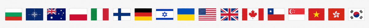 A horizontal row of small national flag icons spanning multiple colors on a plain white background showing countries cbrnmasks customers are located
