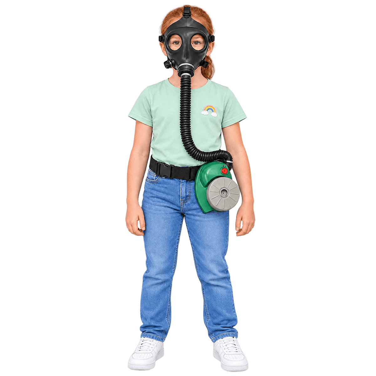 Girl wearing an Israeli 10A1 full-face CBRN gas mask connected to an ONYX 45 PAPR blower with an M80 40mm filter.