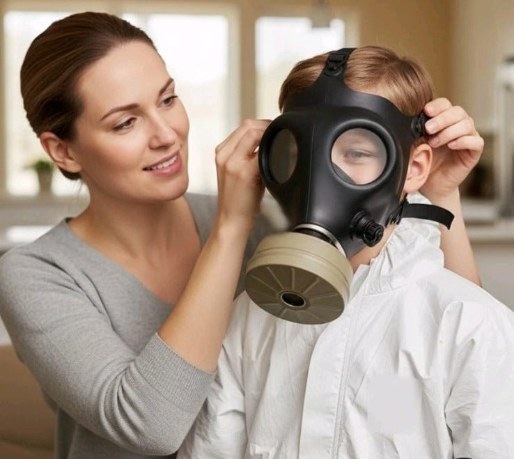 Woman helping a child put on an Israeli CBRN gas mask - children's NBC protection ages 8-14