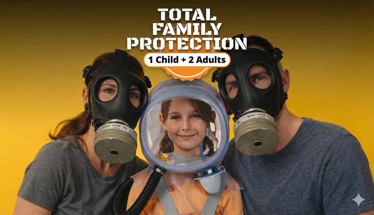 Israeli CBRN family bundle - 2 adults wearing full-face gas masks and child wearing Supergum Quartz PAPR hood, complete NBC family protection
