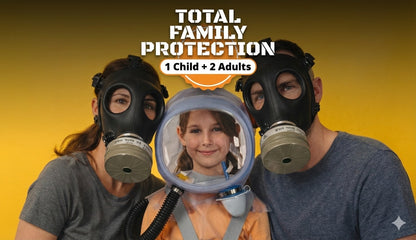 Israeli CBRN family bundle - 2 adults wearing full-face gas masks and child wearing Supergum Quartz PAPR hood, complete NBC family protection
