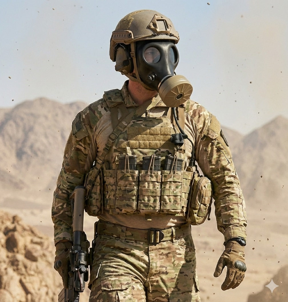 Israeli CBRN full-face gas mask worn and in use - NBC protection for emergency preparedness