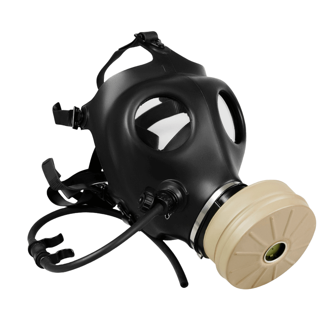 Israeli CBRN full-face gas mask side view with 40mm NATO NBC filter and drinking straw