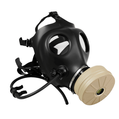 Israeli CBRN full-face gas mask side view with 40mm NATO NBC filter and drinking straw