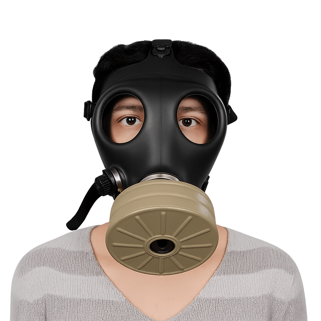 Person wearing Israeli CBRN full-face gas mask with 40mm NATO NBC filter - front view