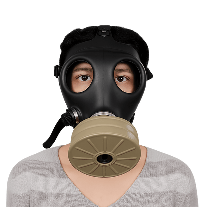 Person wearing Israeli CBRN full-face gas mask with 40mm NATO NBC filter - front view