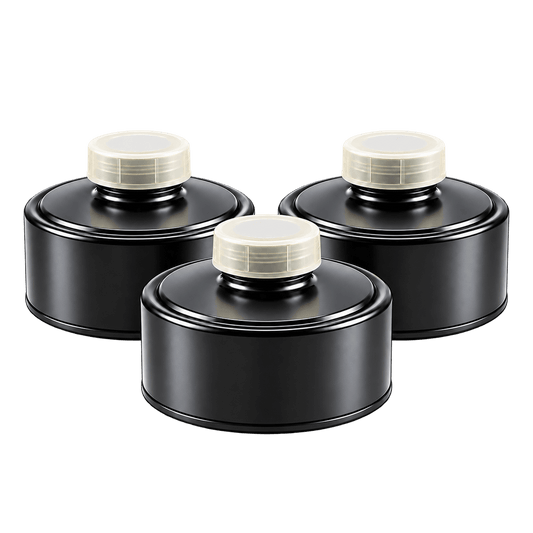 Israeli Civil Defense 40 mm NATO NBC filter 3-pack side view - easy breathing, lightweight polymer, factory-sealed
