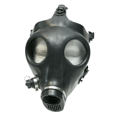 Israeli full-face gas mask front view - black rubber, wide visor, drinking tube port, no filter - costume and cosplay