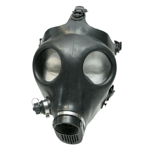 Israeli full-face gas mask front view - black rubber, wide visor, drinking tube port, no filter - costume and cosplay