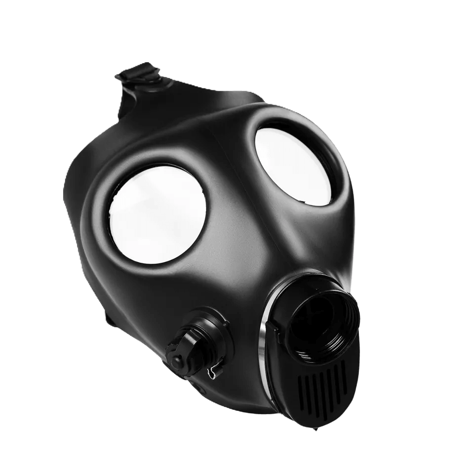Israeli full-face gas mask side profile view - no filter attached - authentic military surplus for cosplay