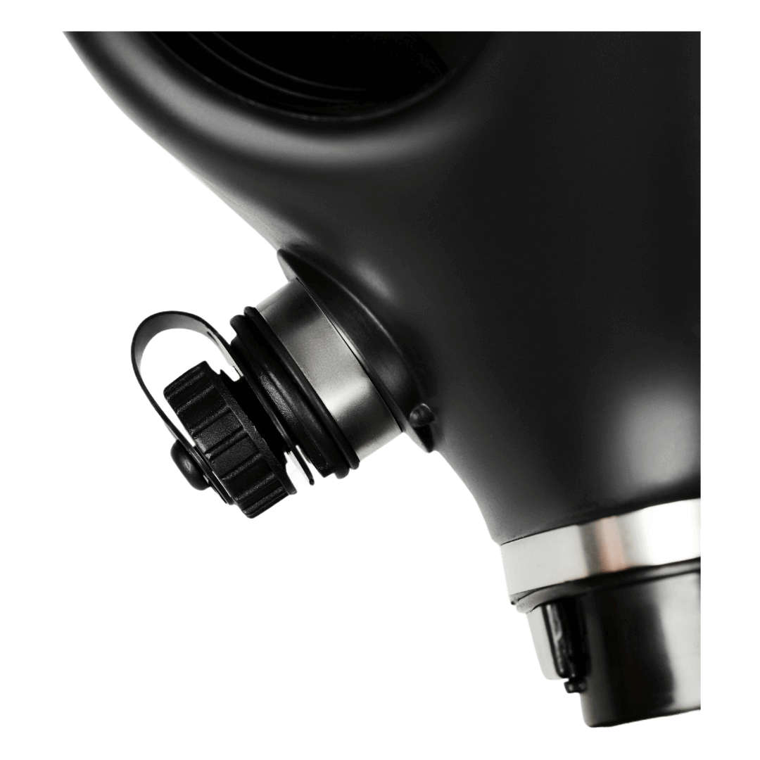 Close-up of Israeli gas mask drinking port with sealed screw cap - hydration tube connection point