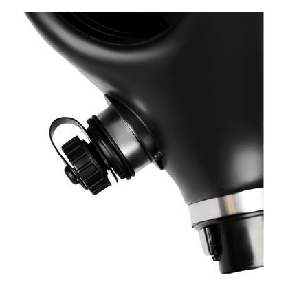 Close-up of Israeli gas mask drinking port with sealed screw cap - hydration tube connection point