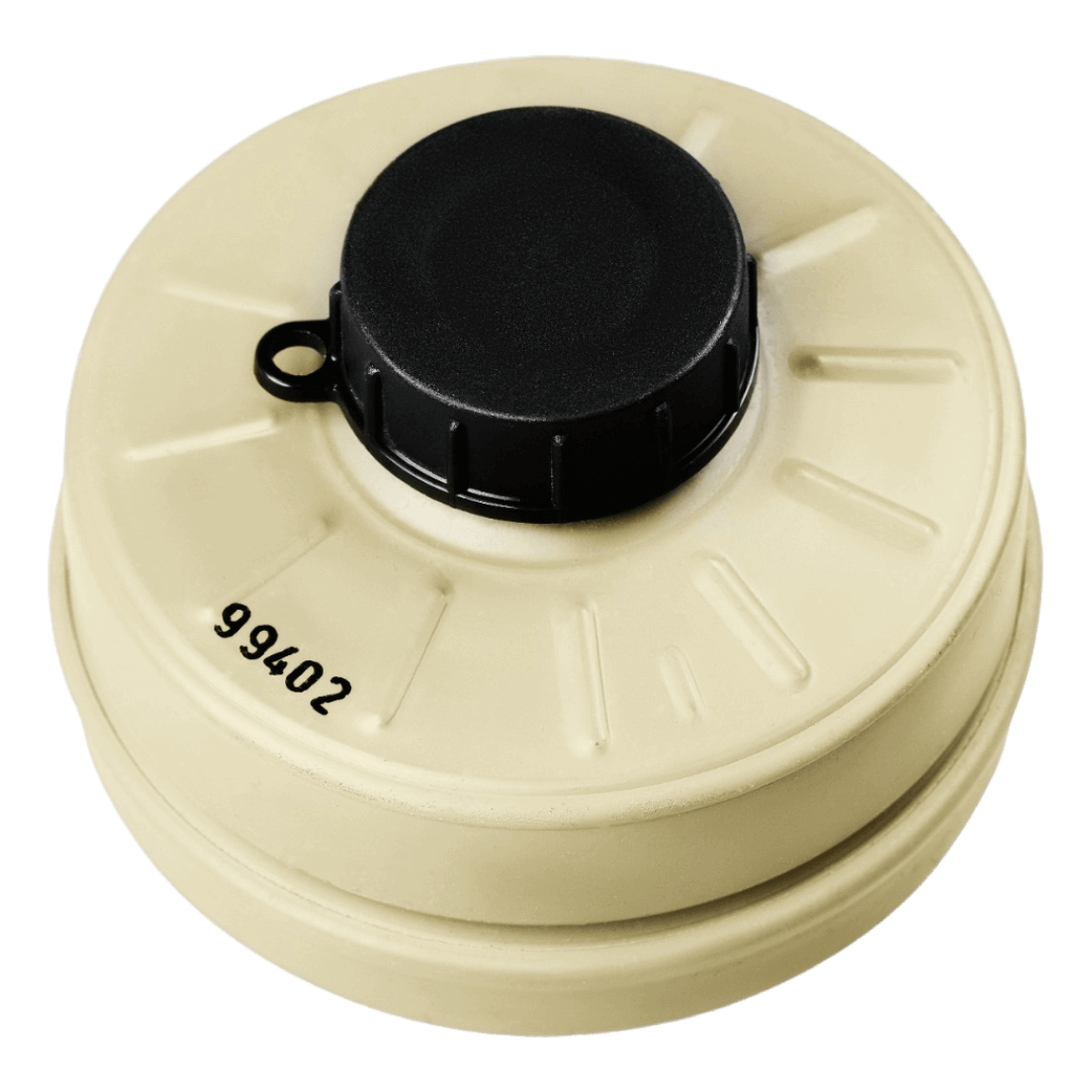Israeli M80 40mm NATO NBC filter top view - factory-sealed, CBRN-rated, 40mm NATO thread, EN 148-1