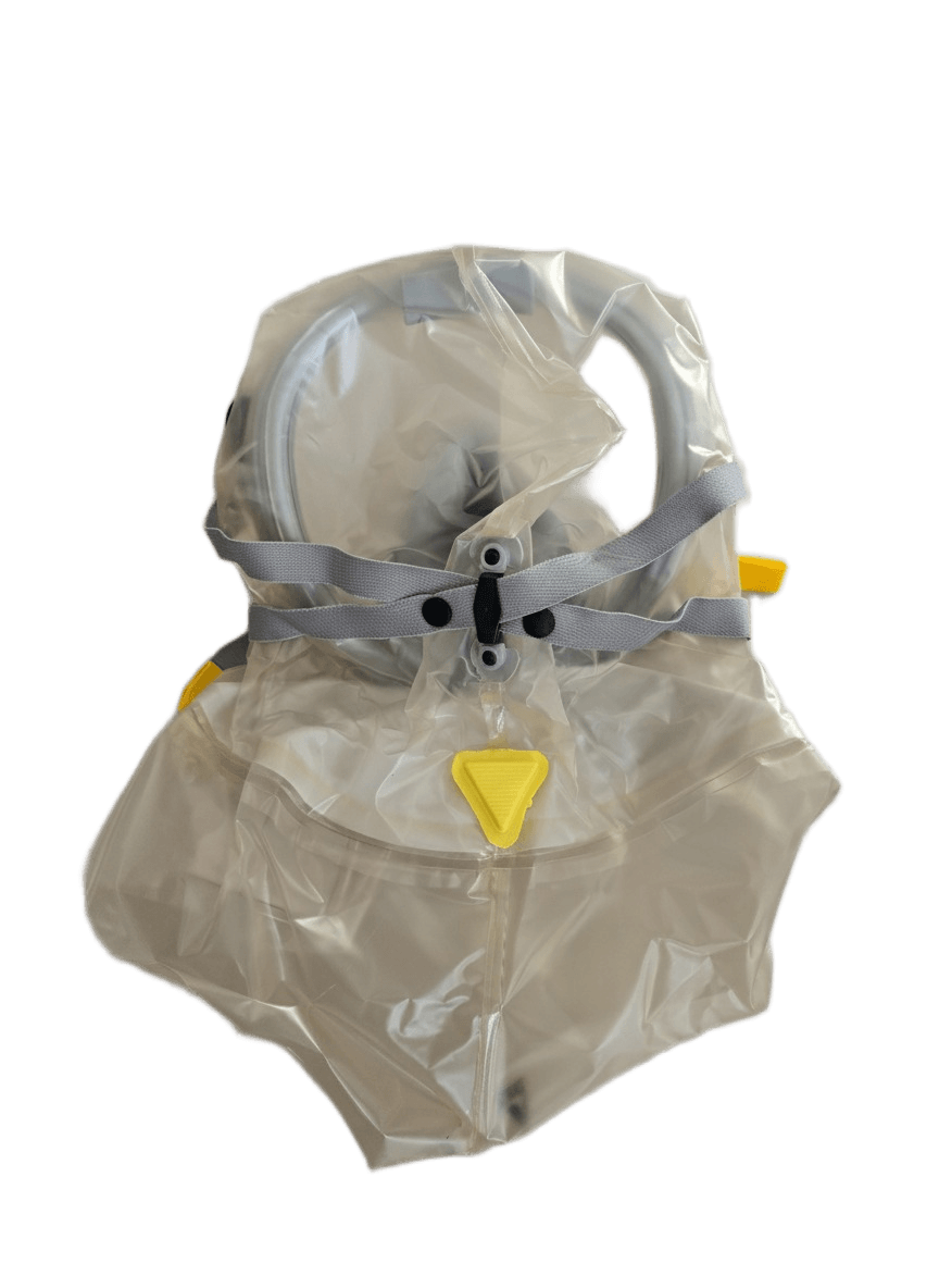 Israeli Sapphire CBRN PAPR hood back view - full neck coverage, no face seal required
