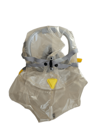 Israeli Sapphire CBRN PAPR hood back view - full neck coverage, no face seal required
