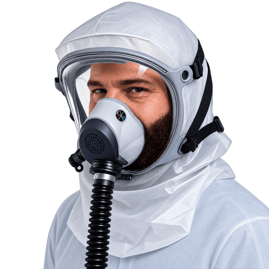 Bearded man wearing a Sapphire hood with connected hose