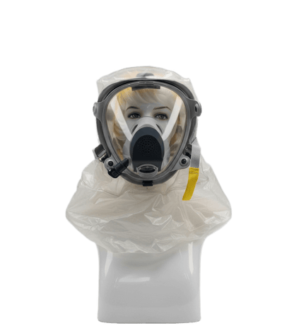 Israeli Sapphire CBRN PAPR hood on display, head - full face and head coverage shown, beard-compatible NBC respirator
