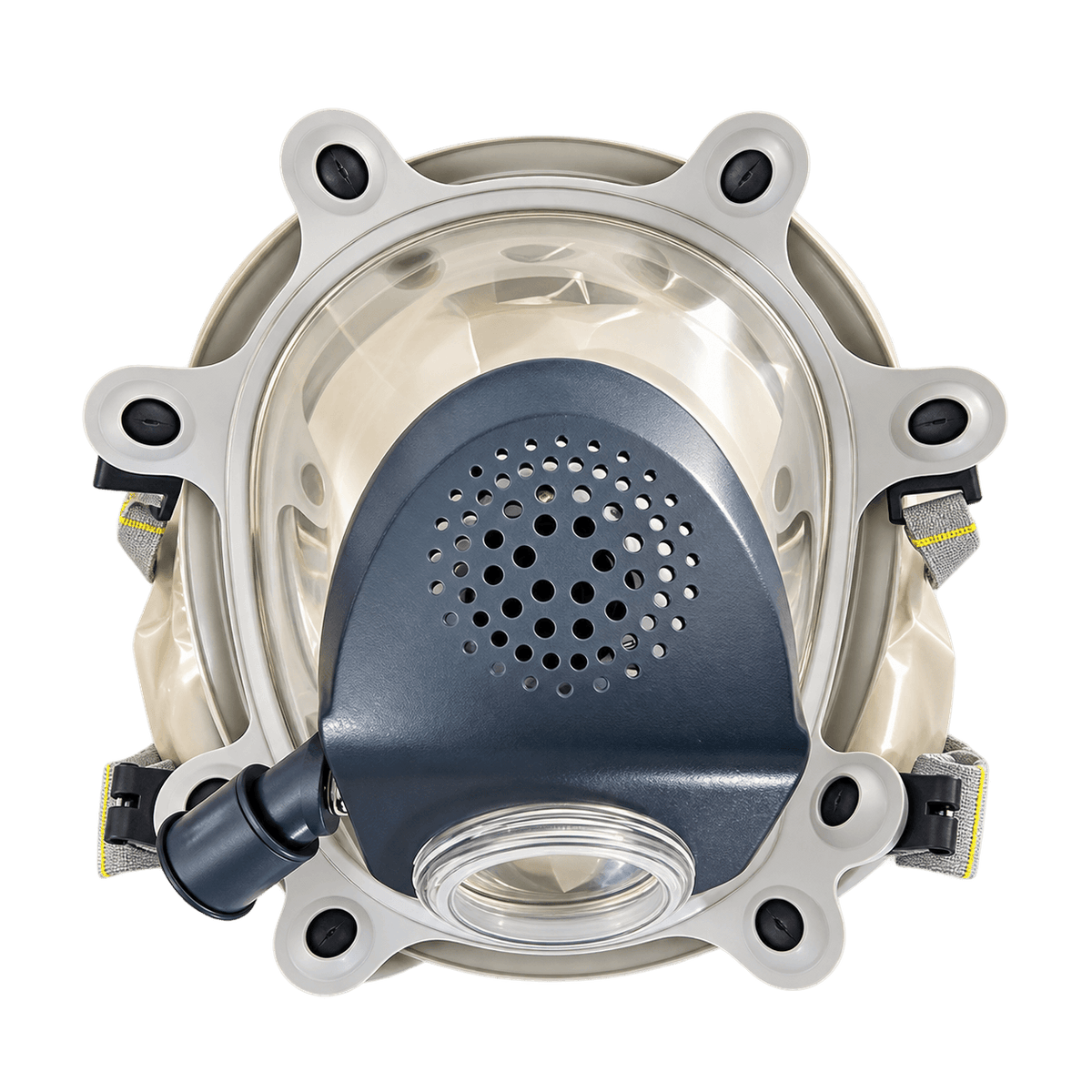 Israeli Sapphire CBRN PAPR hood front view - drinking tube connector visible, full head coverage
