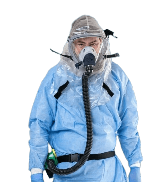Person in blue hazmat suit wearing Israeli Sapphire CBRN PAPR hood - ONYX 45 blower on belt, full NBC protection kit
