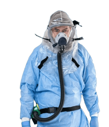 Person in blue hazmat suit wearing Israeli Sapphire CBRN PAPR hood - ONYX 45 blower on belt, full NBC protection kit