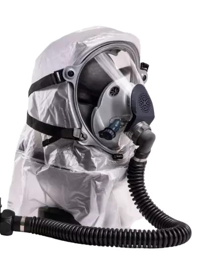 Israeli Sapphire CBRN PAPR hood side view with 40mm NATO hose - full head coverage, no face seal required
