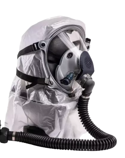 Israeli Sapphire CBRN PAPR hood side view with 40mm NATO hose - full head coverage, no face seal required
