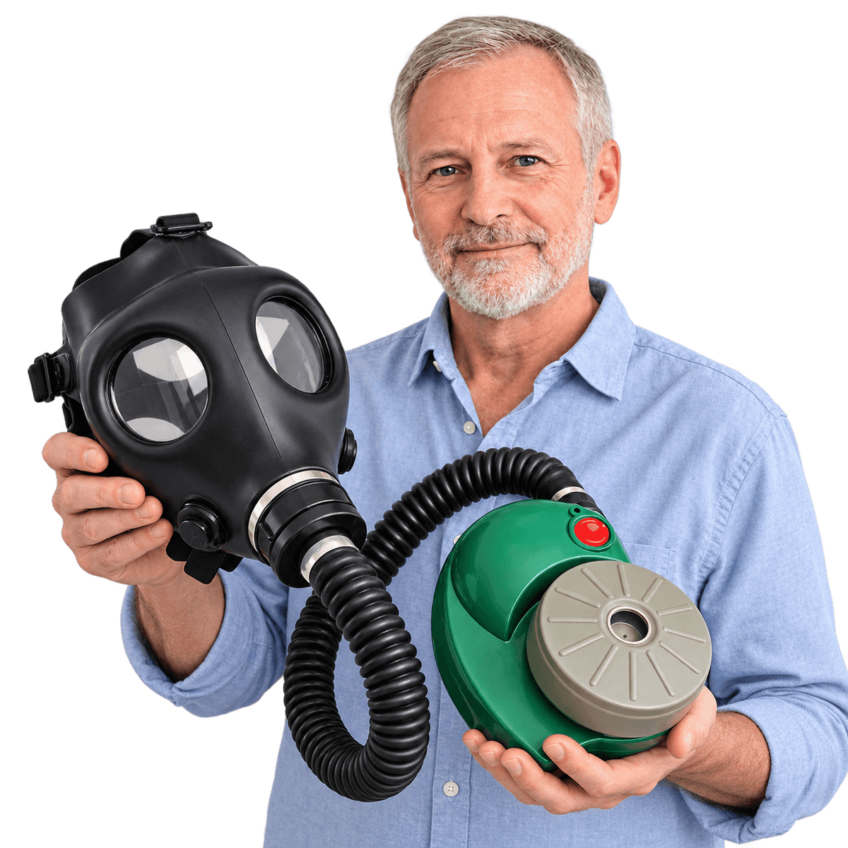A man in a light blue button-down shirt holds a black gas mask with a flexible hose connected to a green PAPR Device With A filter against a solid white background