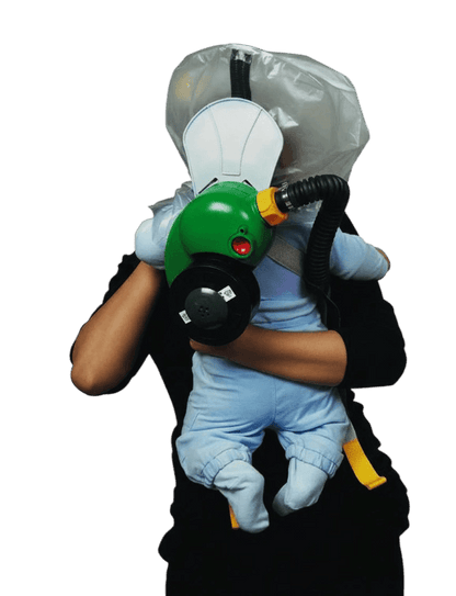 Adult carrying an infant in a hood, viewed from behind