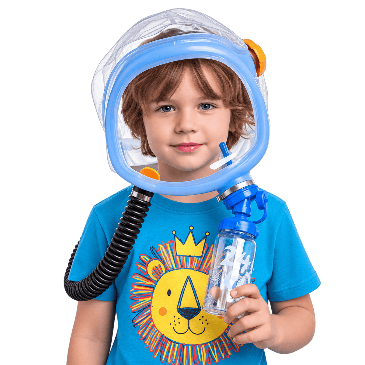 Child wearing Supergum Quartz CBRN PAPR hood in living room - NBC respirator for toddlers ages 2-8