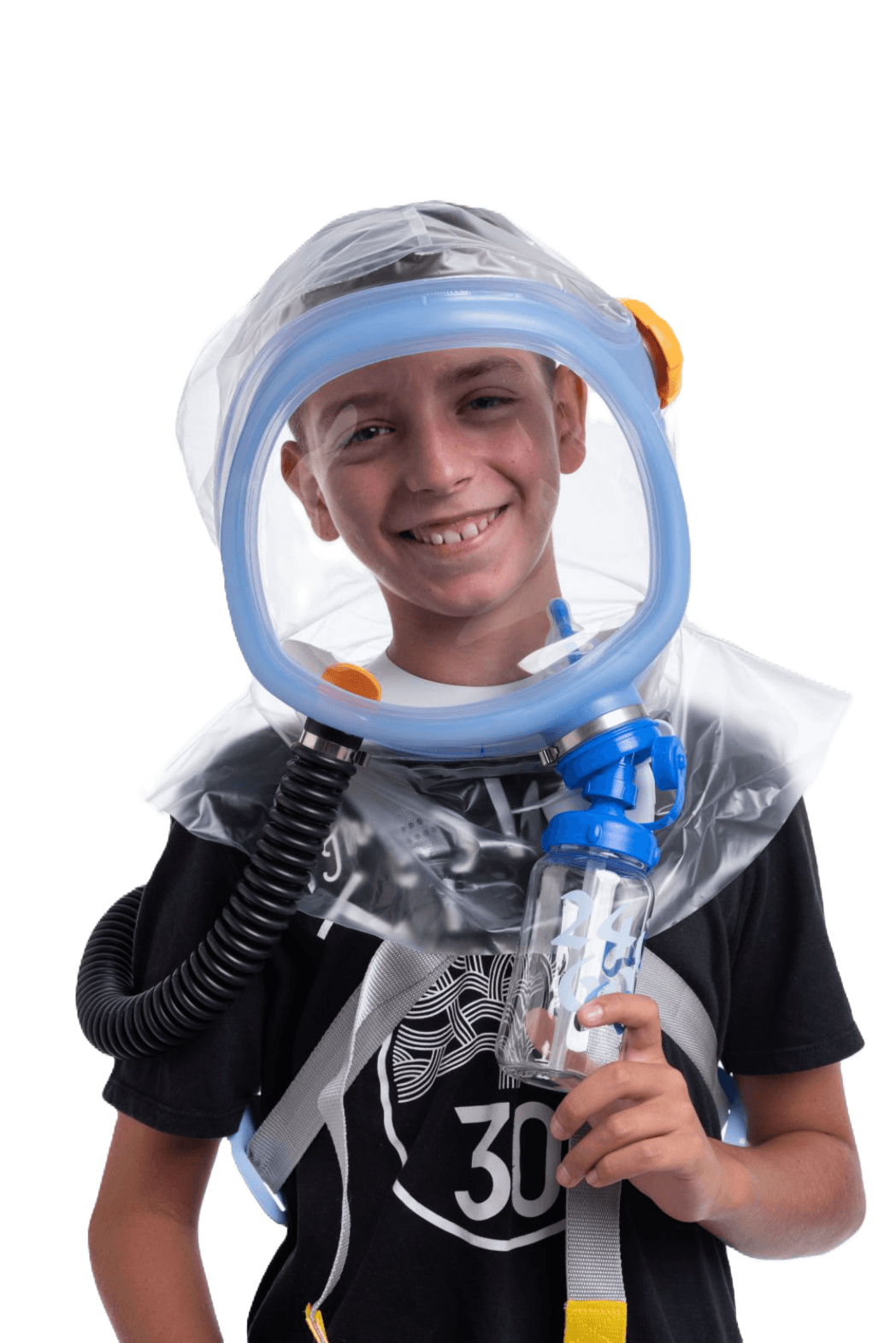 Child wearing a transparent Supergum hood and holding a bottle