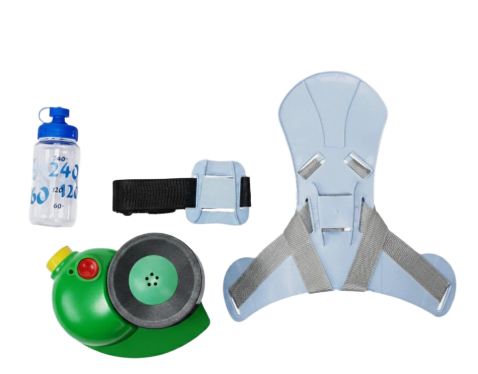 Blower, carrier, waist strap and bottle laid out together