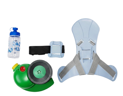 Blower, carrier, waist strap and bottle laid out together