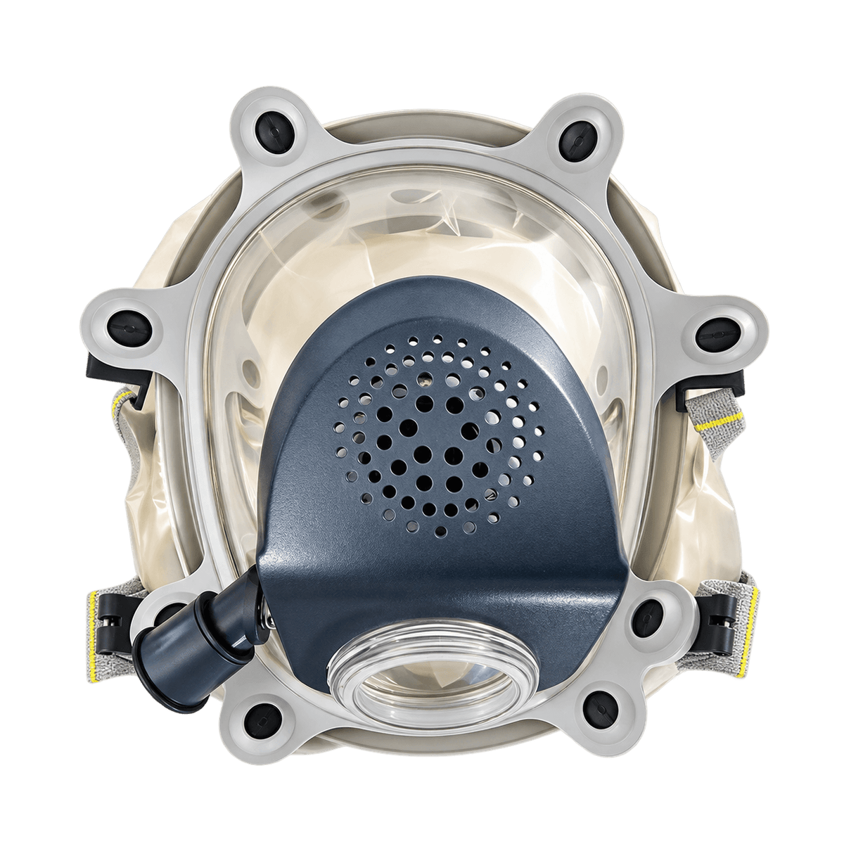 Supergum Sapphire CBRN hood close-up - 40mm NATO thread and closed drinking tube connector visible, no filter attached
