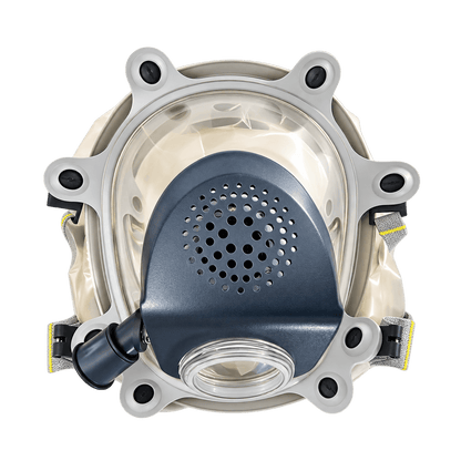 Supergum Sapphire CBRN hood close-up - 40mm NATO thread and closed drinking tube connector visible, no filter attached
