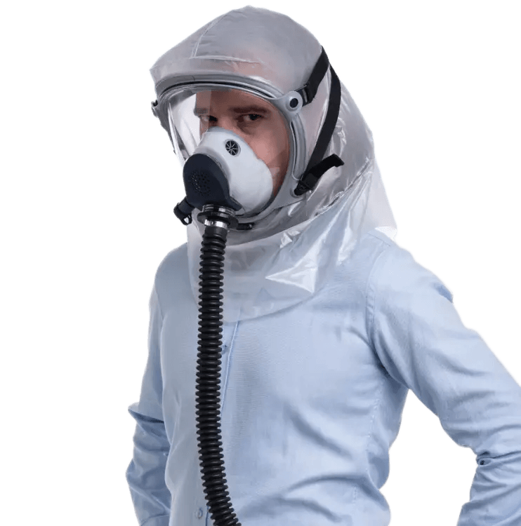 Person wearing a full-body protective suit with a hood and supergum saphir PAPR hood